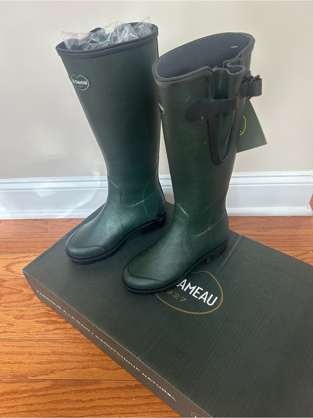 LE CHAMEAU LADY VERZON RUBBER Dark Green Waterproof Rain Boots with Side Buckl